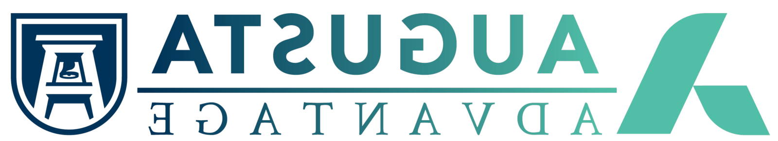 Augusta Advantage logo composed of the Augusta Technical College A icon in mint green on the left with the words Augusta Advantage in the center divided by a horizontal line followed by the Augusta University icon in Navy blue on the right. The whole logo transitions from mint green to Navy blue as you read from left to right.